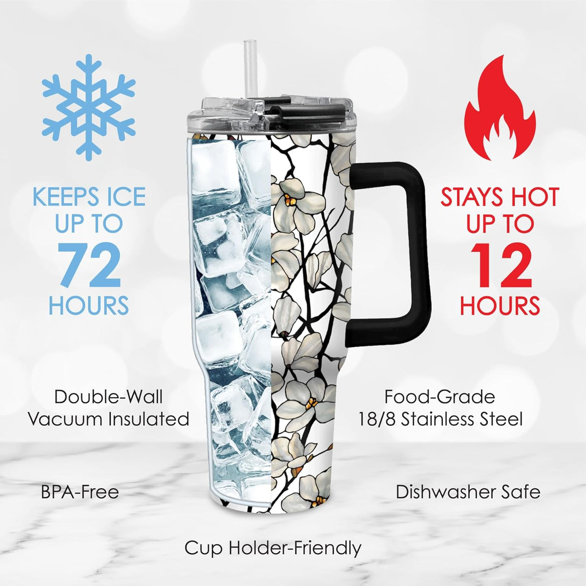 RainCaper 18/8 Stainless Steel Insulated Water Tumbler with Straw | 30oz, BPA-Free, Double Wall for Hot & Cold | Travel-Friendly, Cup Holder Ready (Tiffany Magnolia)
