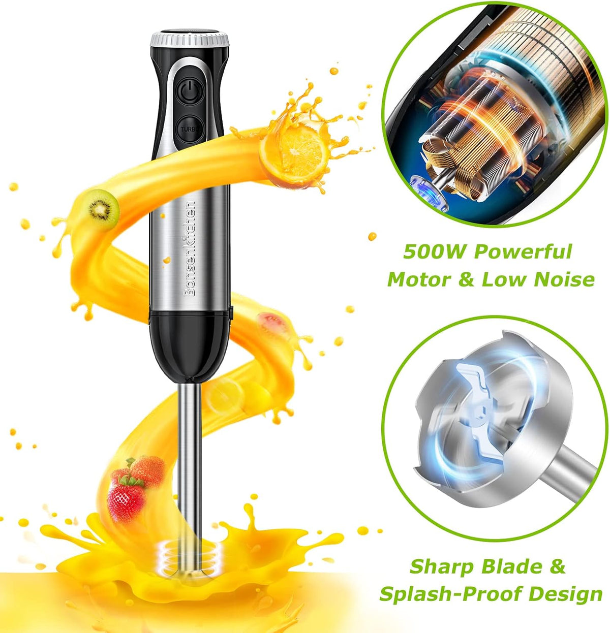 Bonsenkitchen 4-in-1 Immersion Blender Handheld, 20 Speeds Hand Blender with Turbo Mode, Stainless Steel Blade, Egg Whisk, Beaker & Chopper Bowl, Stick Mixer for Soup, Smoothie, Puree, Baby Food