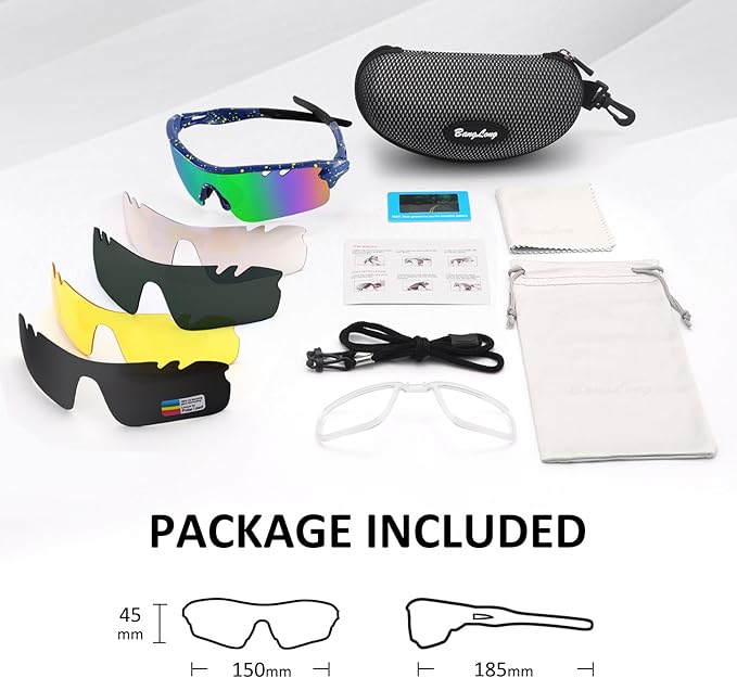 BangLong Polarized Sports Sunglasses Cycling Sun Glasses for Men Women with 5 Interchangeable Lenes for Running Baseball Golf