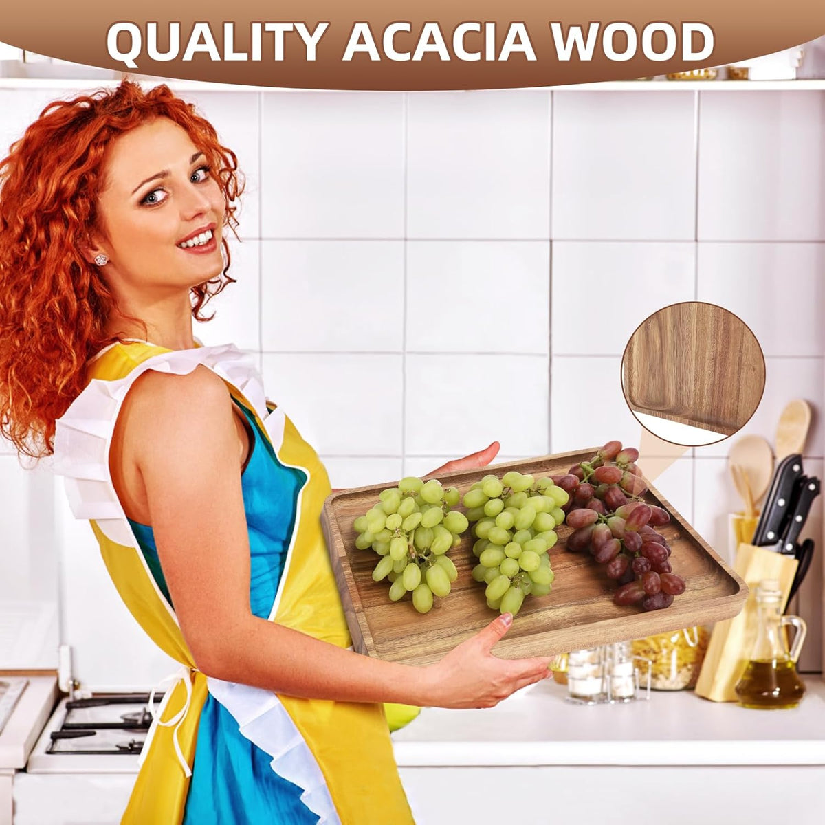 2 PCS Solid Acacia Wood Serving Trays 13 * 9 inch Rectangular Wooden Serving Platters Natural Wooden Boards for Bar Coffee Party(Wood Log Color)