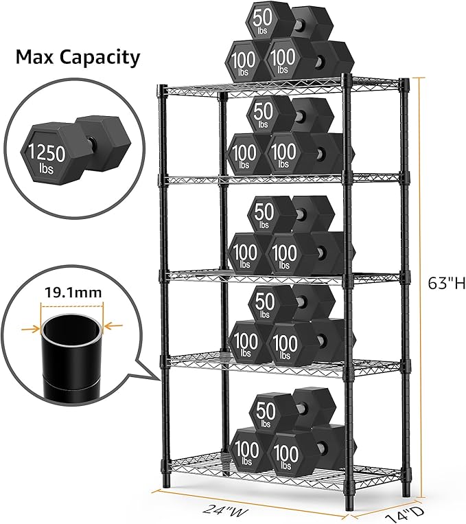 1250 lbs Storage Shelving Utility Shelving Unit 5-Tier Utility Shelving Unit Steel Organizer Wire Rack for Home,Kitchen,Office (13.7" D x 23.6" W x 62.4" H)