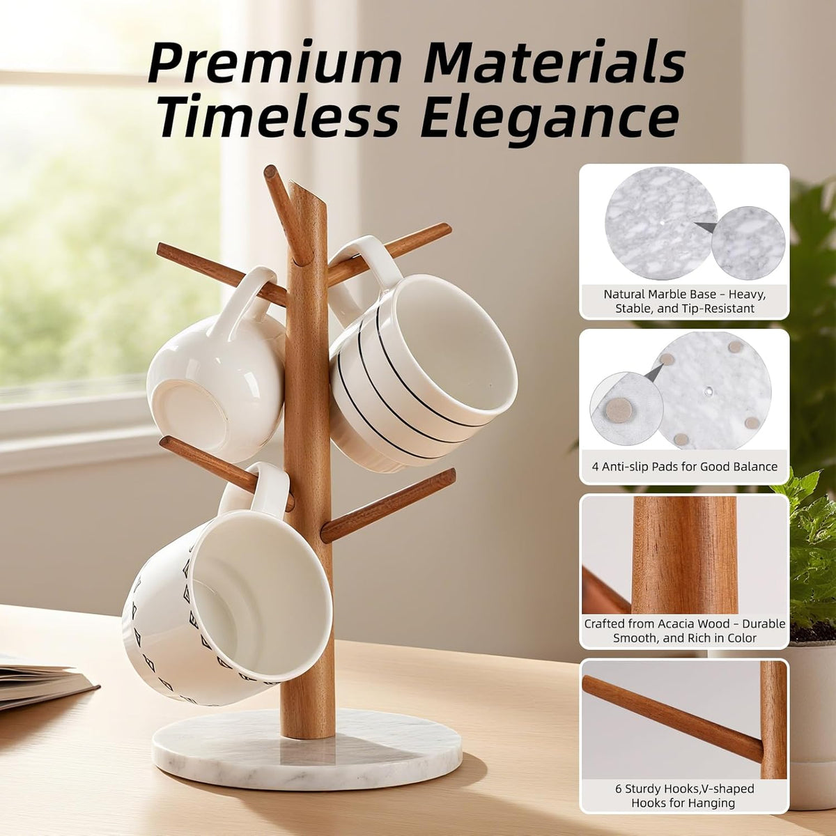 Acacia Wood Mug Tree, Marble Base Coffee Mug Tree for Counter, Mug Holder Tree with 6 Hooks for Kitchen Coffee Bar Mug Organize