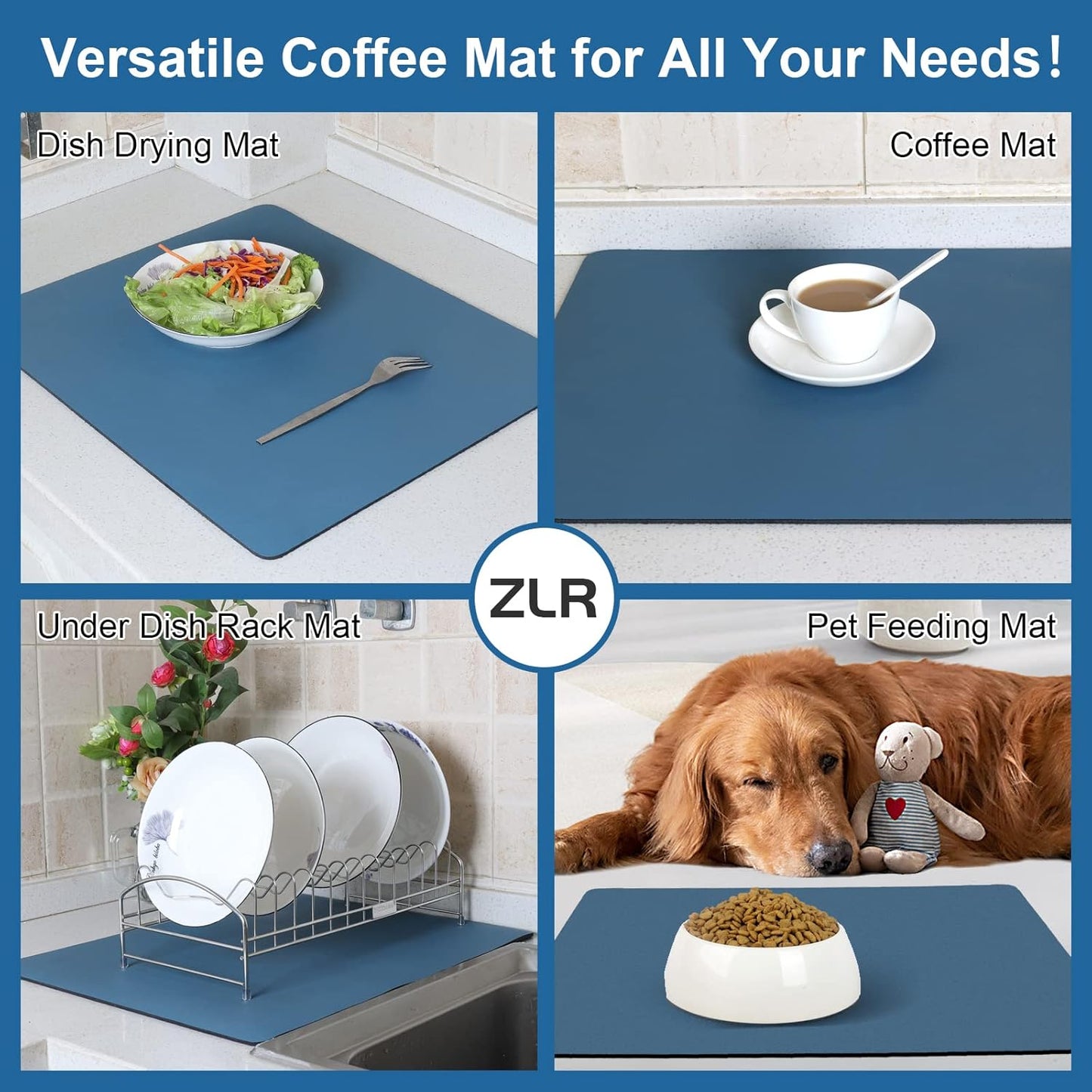 ZLR Coffee Mat - 12" x 16" Small Kitchen Hide Stain Absorbent Dish Drying Mat for Countertop - Easy to Clean Coffee Bar Mat for Espresso Machine and Spill Protection - Navy Blue