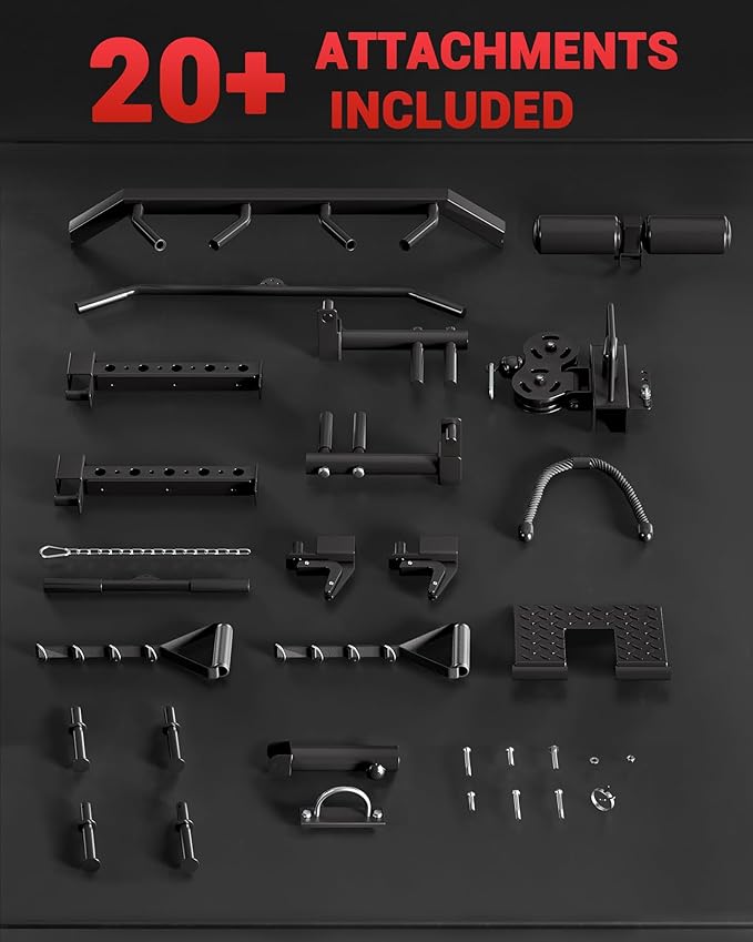 Smith Machine Home Gym All in One, 2200LBS Squat Rack Power Cage with Smith Bar, LAT Pull-Down, Cable Systems, Leg Hold-Down and More Attachments, Workout Equipment (Red Black)