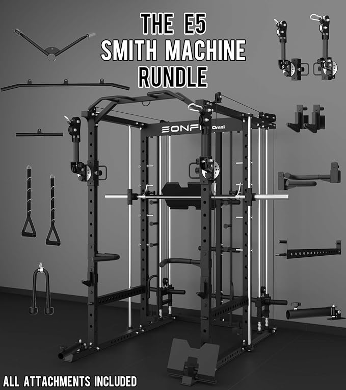 Eonfit E5 Smith Machine with Vertical Leg Press, Power Cage Squat Rack with LAT-Pull Down Cable Crossover Rotating Arms System Home Gym Equipment All in One (E5 RED)