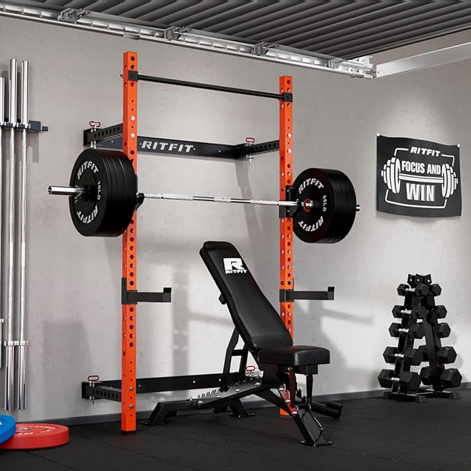 RitFit Multi-Functional Folding Squat Rack for Home Gym, 2.36'' x 2.36'' Wall Mounted Squat Rack with Attachments - Space Saving Squat Power Rack