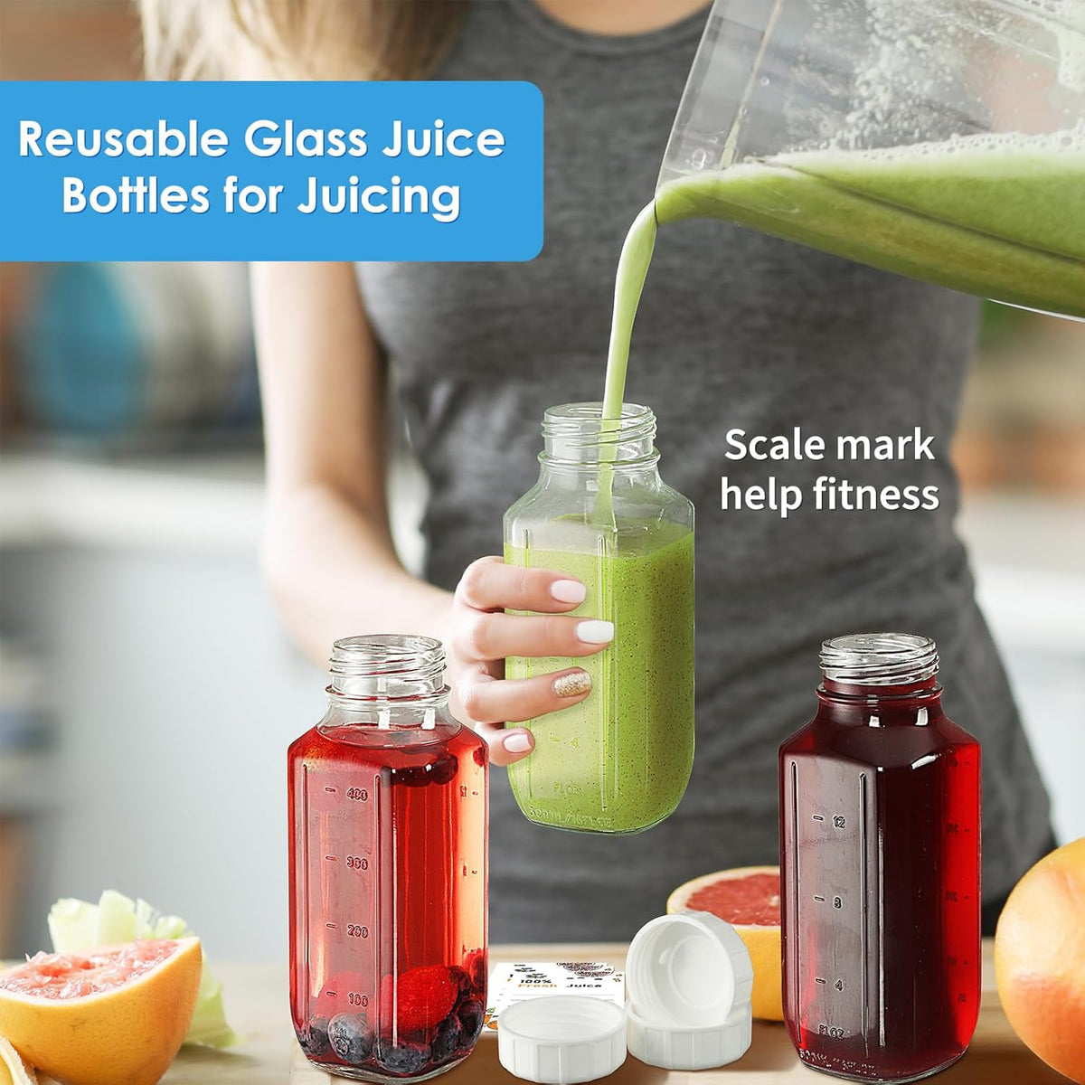 Glass Juice Bottles with Lids, 3 Pack Clear Glass Water Bottles w 2 Pour Spouts, 16 Oz Reusable Milk Jug w 100% Airtight Cap and Scale for Juicing Containers, Breast Milk Storage, Drinking Jar