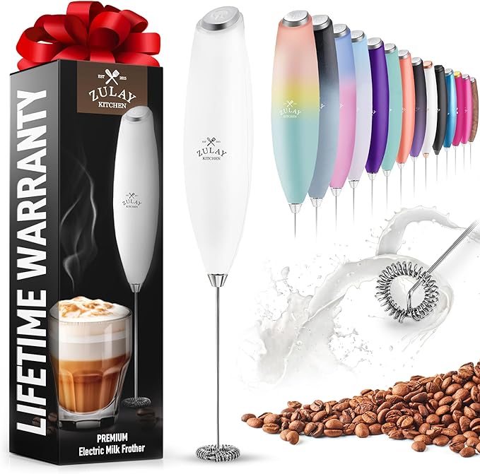 Zulay Powerful Milk Frother for Coffee with Powerful Motor - Handheld Frother Electric Whisk, Milk Foamer, Mini Mixer & Coffee Blender Frother for Frappe, Latte, Matcha, No Stand - White