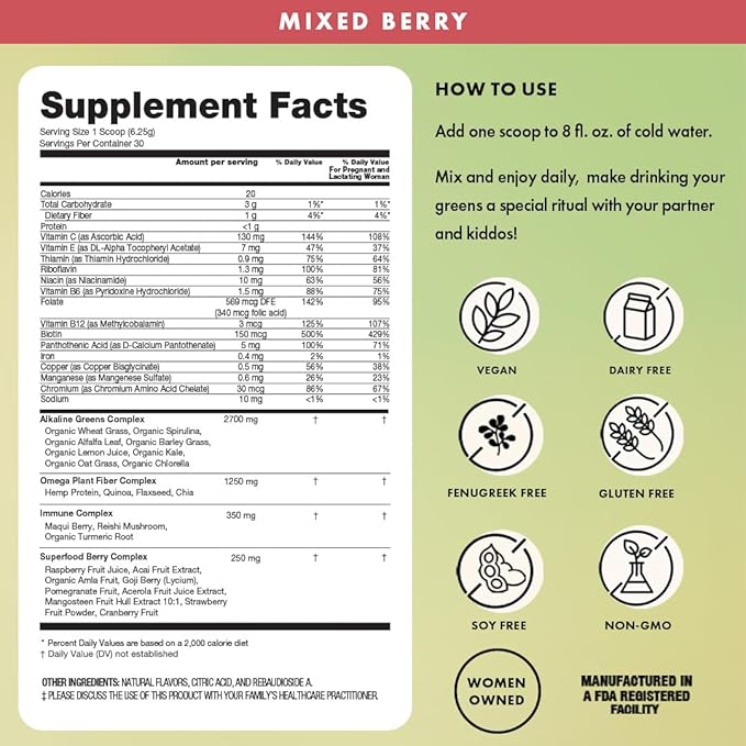 Boobie Mother of All Greens | Your New Family Ritual, Daily Super Greens Powder with 35+ Essential Nutrients for Moms & Families | Vegan, Gluten Free, & Sugar Free | Mixed Berry Flavor, 30 svgs