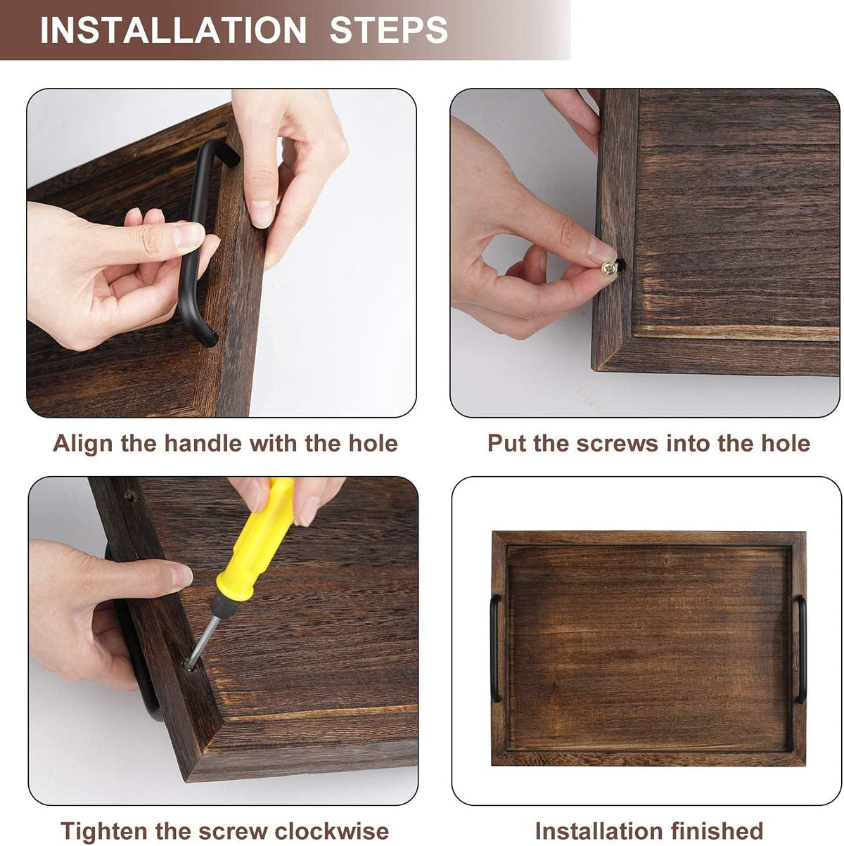 LIBWYS Rustic Wooden Serving Trays with Handle-Set of 2-Decorative Nesting Food Board Platters for Breakfast, Coffee Table/Butler (Large 15.8x11.8x1.2 inches, Small 13.4x9.4 x1.2 inches)