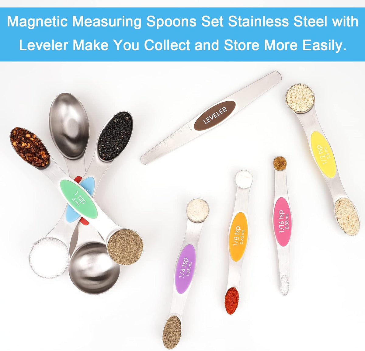 Aovchei 8 PCS Magnetic Measuring Spoons Set, Dual Sided, Stainless Steel Small Tablespoon, Teaspoons, Fits in Spice Jars, for Dry and Liquid, Multi-Color