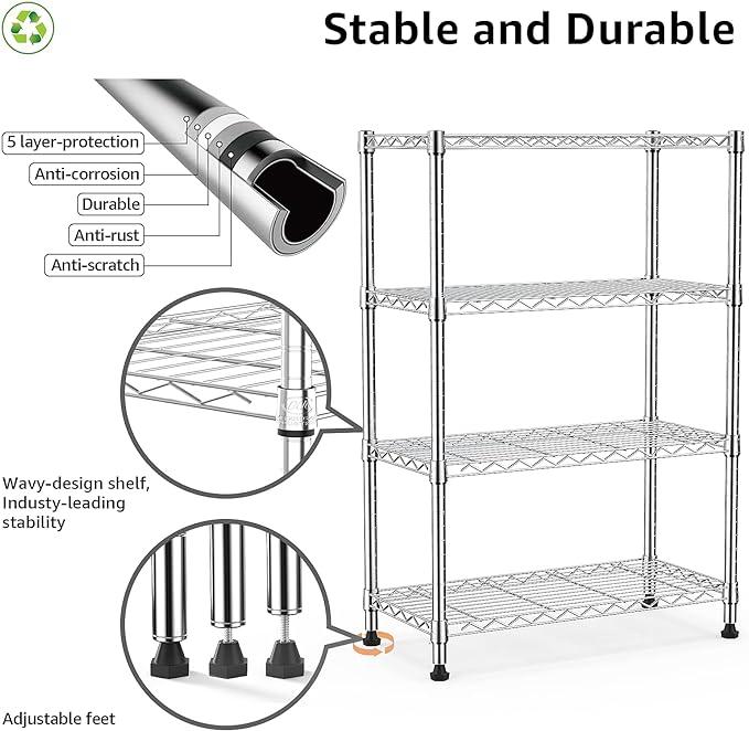 1000 lbs Storage Shelving Steel Heavy Duty 4-Tier Utility Shelving Unit Steel Organizer Wire Rack for Home,Kitchen,Office,Chrome (13.7" D x 29.5" W x 47.2" H)