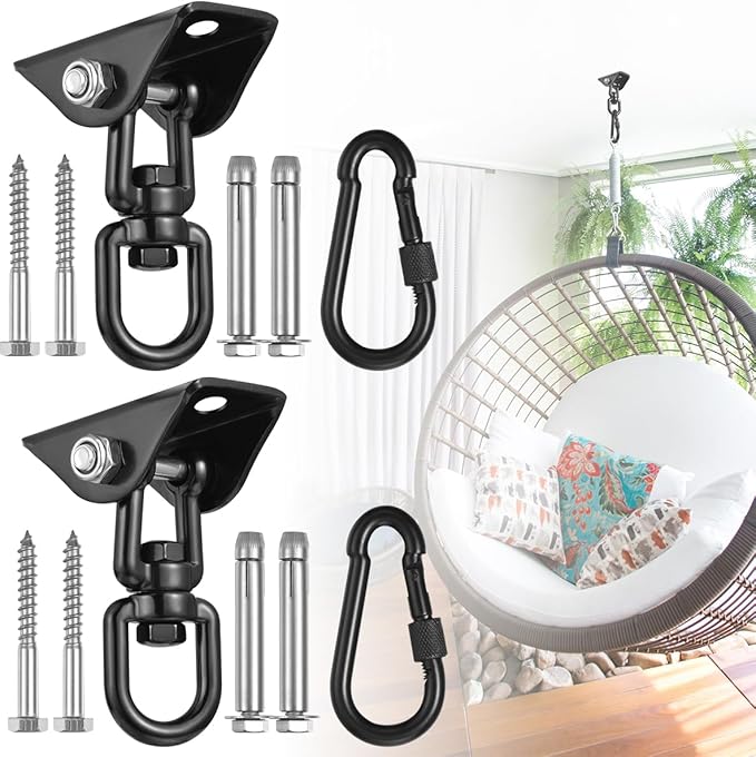 2 Pack Hammock Hanging Kit, Hanging Chair Hardware 360°Rotating Hammock Hooks Heavy Duty, Hammock Chair Hanging Kit & Swing Ceiling Hook Snap for Hammock Chair Stand,Seat,Yoga,Gym, 1200 lb Capacity