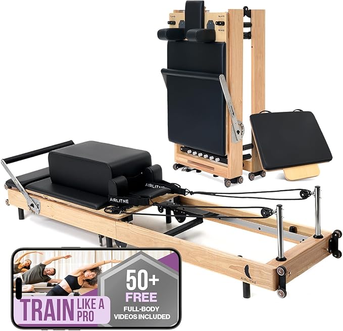 Airlithe Foldable Pilates Reformer Machine|Wooden Frame Reformer Machine with Strings, Versatile Accessories & 50+ Expert-Guided Workouts|Equipment for Strength Training, Rehabilitation, & Flexibility