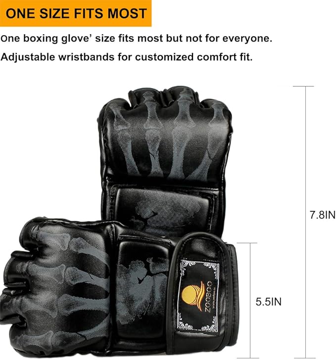 ZooBoo MMA Gloves, Half-Finger Boxing Fight Gloves MMA Mitts with Adjustable Wrist Band for Sanda Sparring Punching Bag Training (One Size Fits Most)