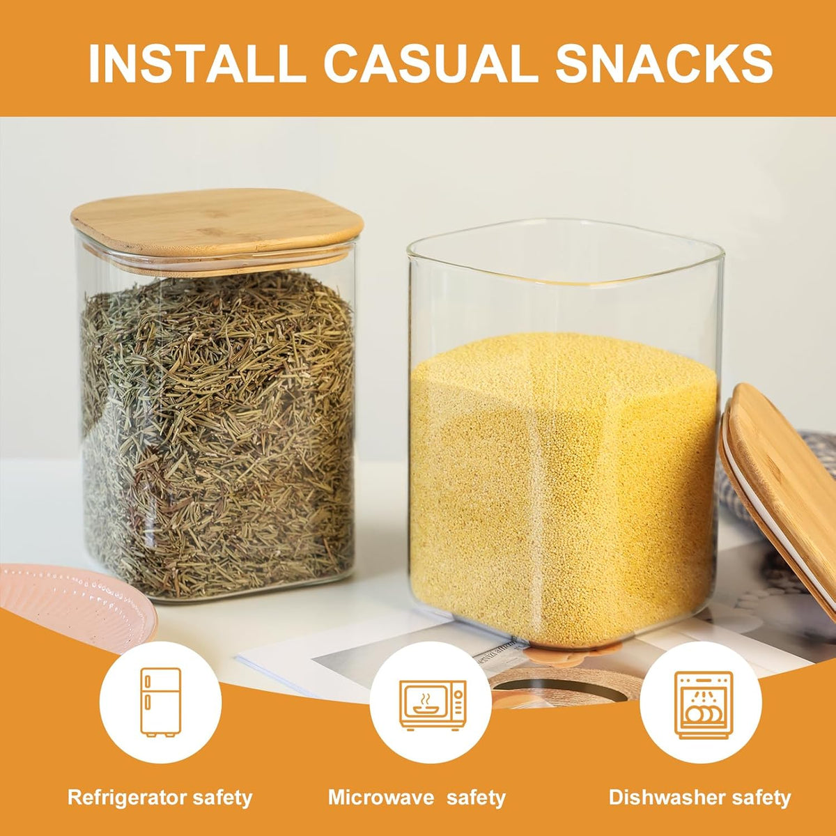 Glass Food Storage Jars 150 Set of 2,Glass Storage Containers Clear Glass Food Canister with Bamboo Lid Airtight For Serving Tea, Coffee, Flour, Sugar, Candy, Cookie, Spice and More (Square)
