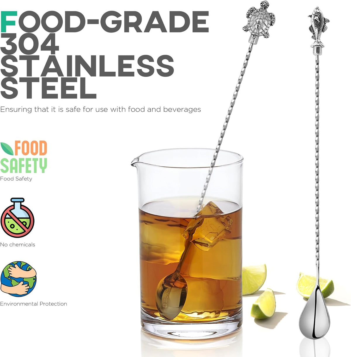 Homestia Bar Spoon, 12'' Stainless Steel Cocktail Mixing Spoon, Cocktail Mixing Stirrers for Drink, Tea, Coffee, Milkshakes, Long Handle Spiral Design with Weighted Turtle Fish End (Set of 2)