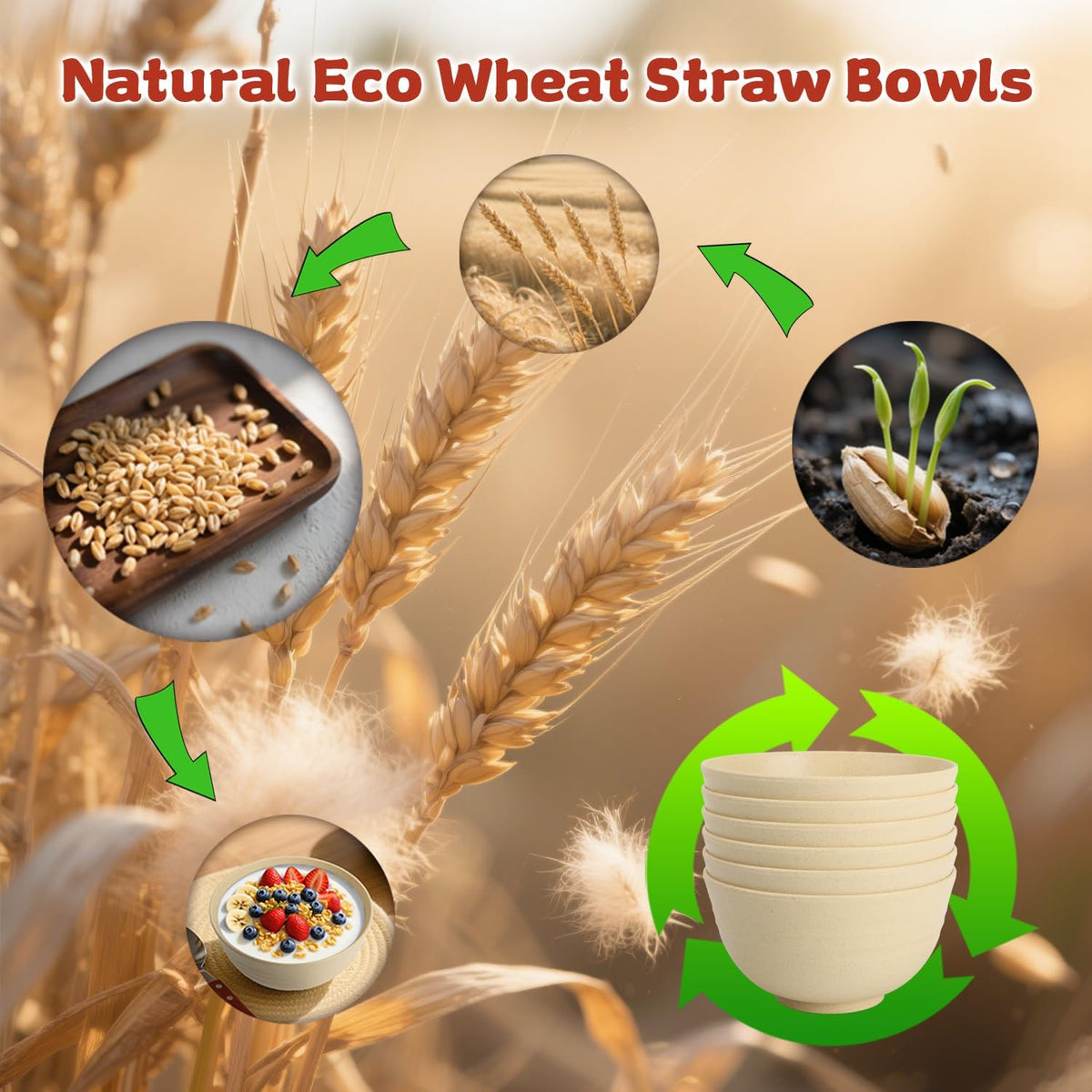 6-piece Wheat Straw Bowls sets 26oz,Alternative Plastic Bowls Reusable for indoors and outdoors,Microwave-able and Dishwasher Safe Bowls Sets Easy to Clean.Beige Series