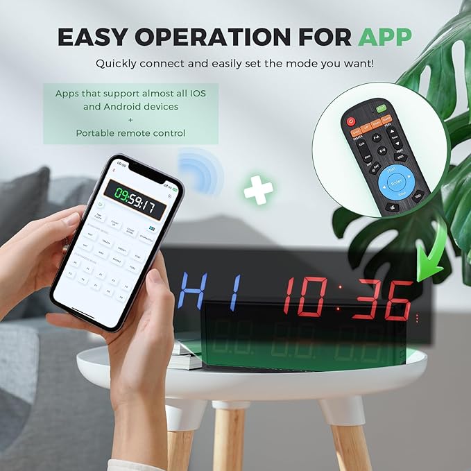 15'' Bluetooth Gym Timer Clock for Home Gym Digital Display Gym Clock Stopwatch Interval Workout Timer Adjustable Buzzer Volume with Remote and APP Control for Sport Boxing Fitness Kitchen