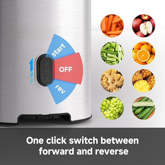 AMZCHEF Cold Press Juicer, Juicer Machines - 4.6" Large Feed Chute for Whole Fruits & Vegetables, Stainless Steel Slow Masticating Juicer Easy to Clean, Large Auger, Double Strainers, Silver