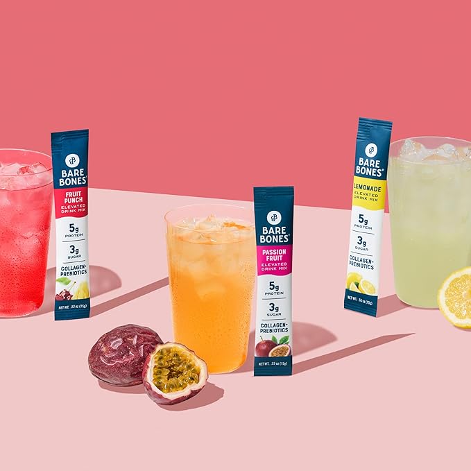 Bare Bones Lemonade Elevated Drink Mix | Light & Flavorful | Gluten-Free & Naturally Sweetened | On-the-Go Stick Single-Serve Packs Powdered Refreshment | 5g Protein | 16 Packets (.60 oz)