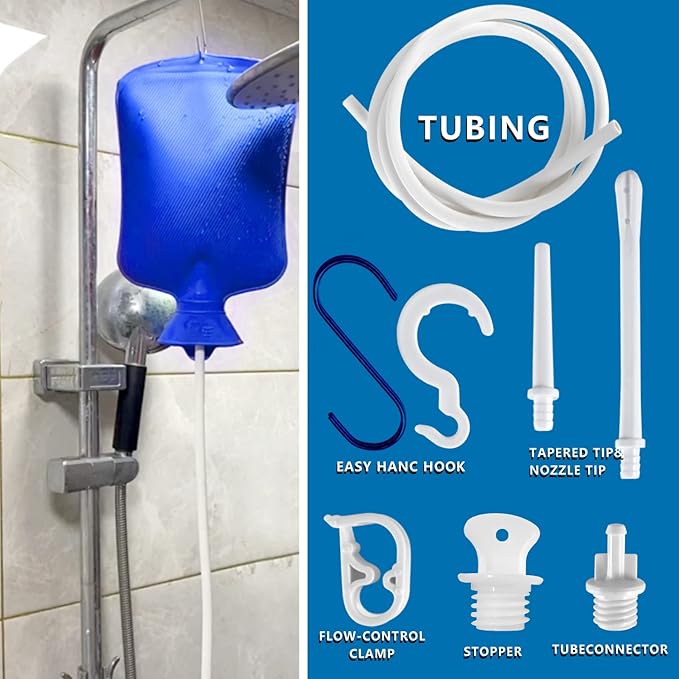 2 L Home Enema Bag Kit with 2 Enema Tips,60 inch Long Silicone Hose, Controlable Water Flow Valve, Hot-Water Bottle for Colon Cleansing Enemas(Blue)