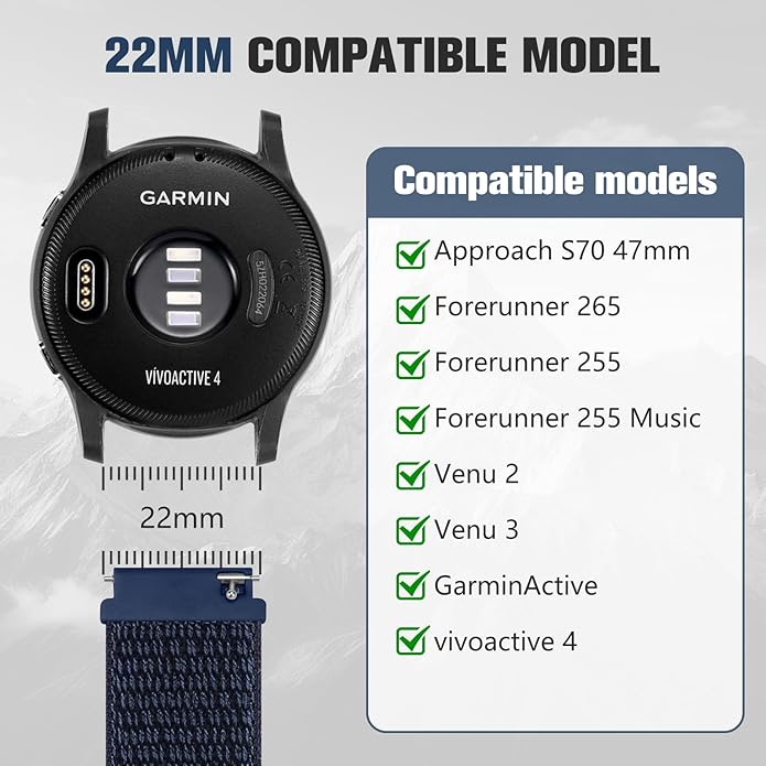 18mm 20mm 22mm Hook and Loop Watch Band Compatible with Garmin Vivoactive 5/ Vivoactive 6/ Vivoactive 3, Soft Nylon Breathable Sport Strap for Venu 2S/ Venu3S/ Forerunner 265s,Venu 3/ Venu 2 Men Women