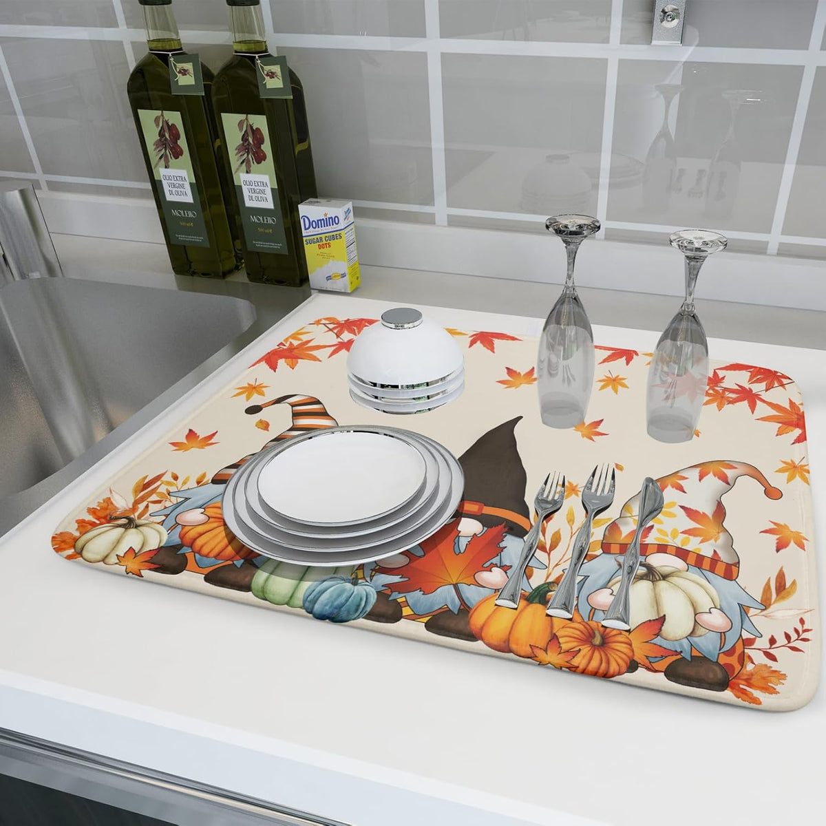 Fall Gnome Dish Drying Mat for Kitchen Counter Autumn Pumpkin Maple Leaves Dishes Pad Absorbent Fast Dry Dish Drainer Rack Mats 18x24 Inch Thanksgiving Day Drying Mats for Counter Accessories