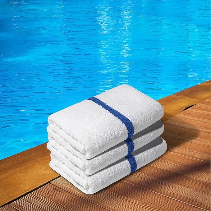 Blue Center Stripe 120 Bulk Towels (22x44) – Economical Soft & Absorbent Bulk Pool Towels for Hotels - Lightweight & Quick Drying White Bath Towels Bulk for Gym & Salon - Durable & Fade Resistant