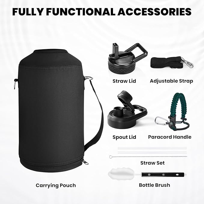 One Gallon Water Bottle Insulated, Triple Walled Vacuum Stainless Steel (Cold for 48 Hrs), Leak Proof & Non-BPA, Large Water Flask Jug with Paracord Handle & Straw Spout Lids