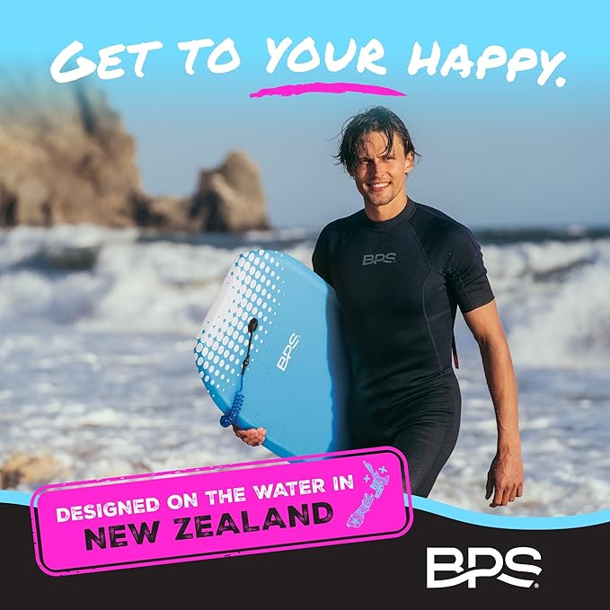 BPS New Zealand ‘Shaka’ Body Board for All Wave Conditions - Lightweight with EPS Core, HDPE Slick Bottom, Body Boards for Beach with Wrist Leash and Plug for Kids and Adults - All Skill Levels
