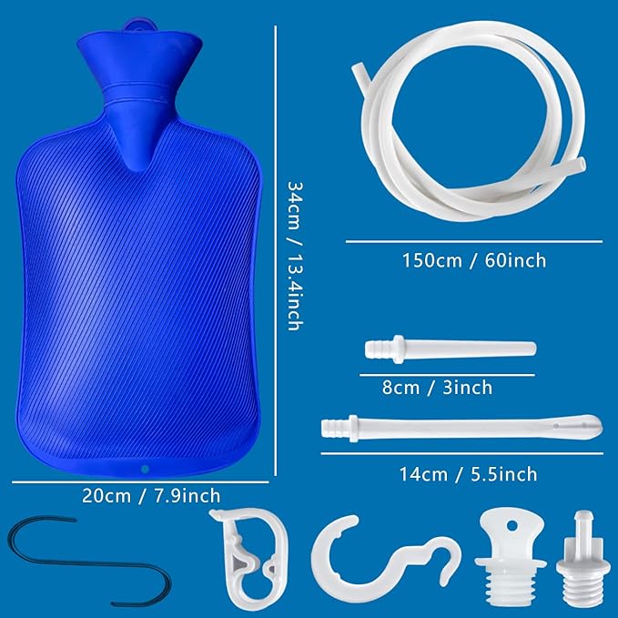 2 L Home Enema Bag Kit with 2 Enema Tips,60 inch Long Silicone Hose, Controlable Water Flow Valve, Hot-Water Bottle for Colon Cleansing Enemas(Blue)