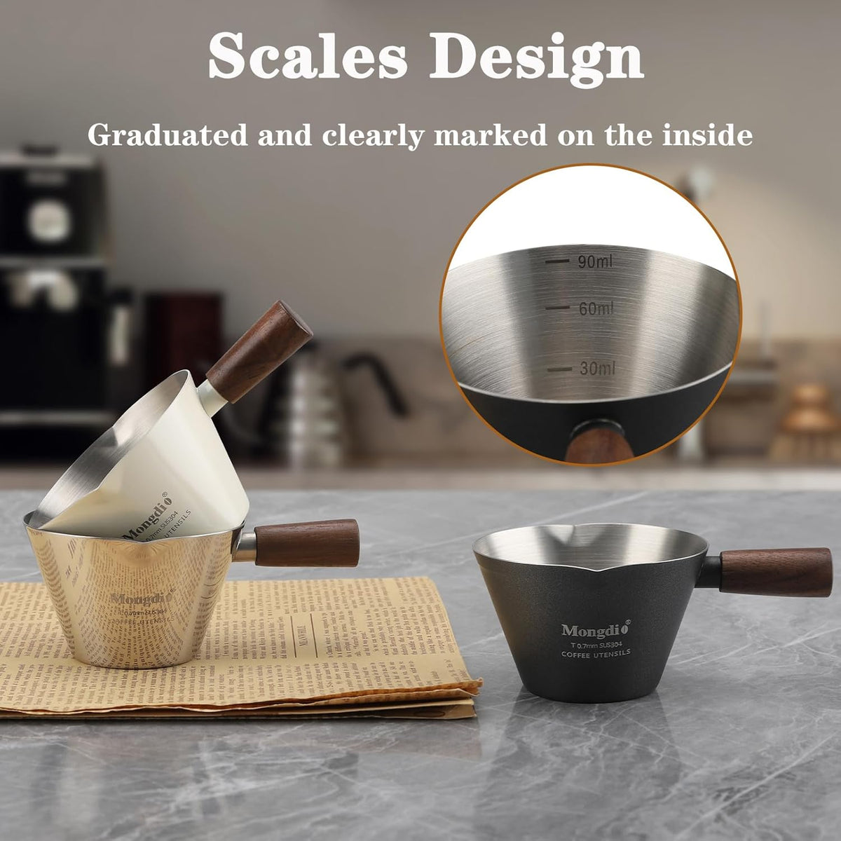 Mongdio Espresso Measuring Cup, Stainless Steel Espresso Shot Cups with Wooden Handle and Double Spouts, 3.4OZ/100ML, White