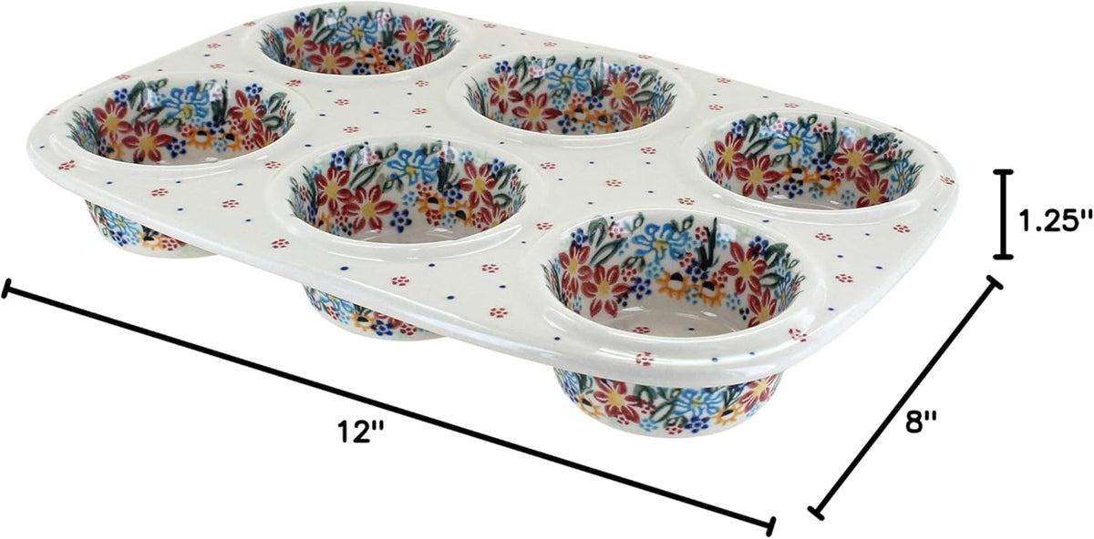 Blue Rose Polish Pottery - Blue Tara Muffin Pan - 12" x 8" - Ceramic Baking Dish, 6-Cup Muffin & Cupcake Pan