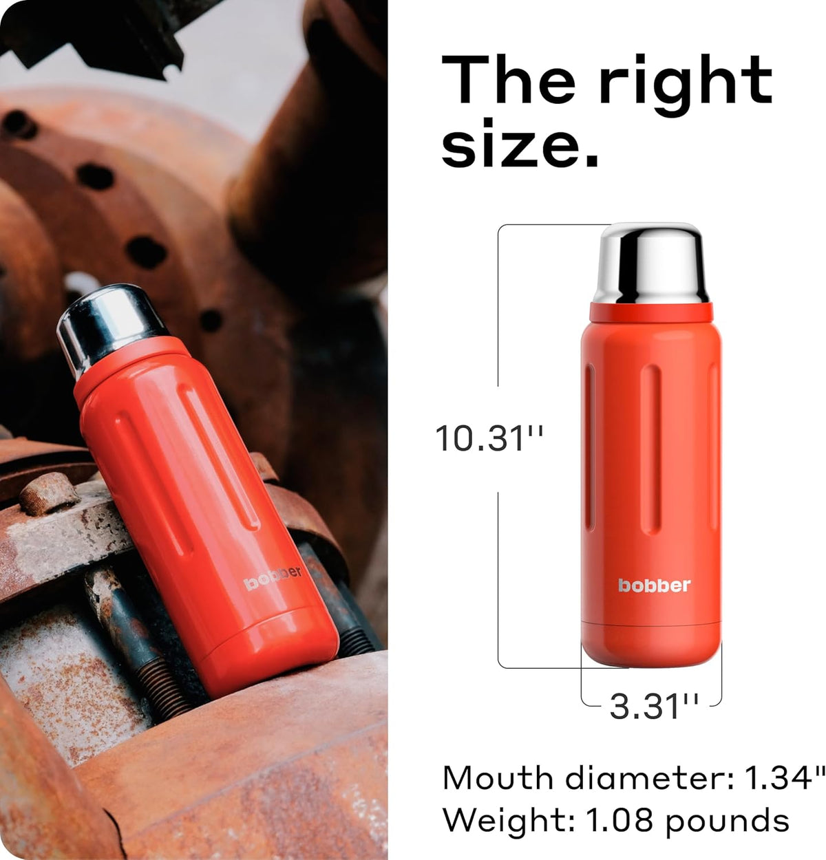 BOBBER 26 oz Stainless Steel Heavy Duty Thermos for Hot and Cold Drinks – Dishwasher Safe Insulated Water Bottle with Cup Lid – Keeps Hot for 36 Hours – Leak-Proof Rugged Thermos with Screw Lid (Red)