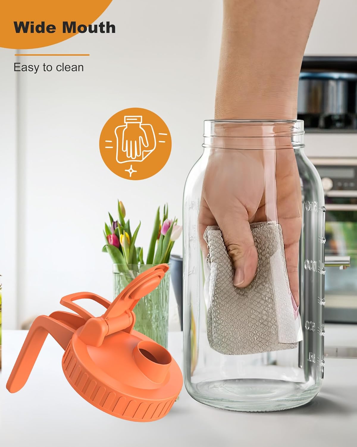 Glass Pitcher with Airtight Lid and Spout, 64oz Glass Mason Jar | Wide Mouth | Leakproof | Water Jug for Juice, Sun Iced Tea, Cold Brew Coffee, Milk Storage, Orange