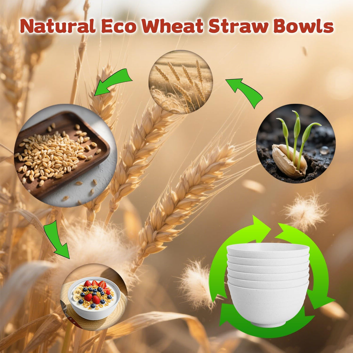 Wheat Straw Camping Bowls Sets of 6,Unbreakable 26oz Lightweight Bowls Sets for Outdoors Activity,Breakfast Bowls for Cereal and Salad.White Series