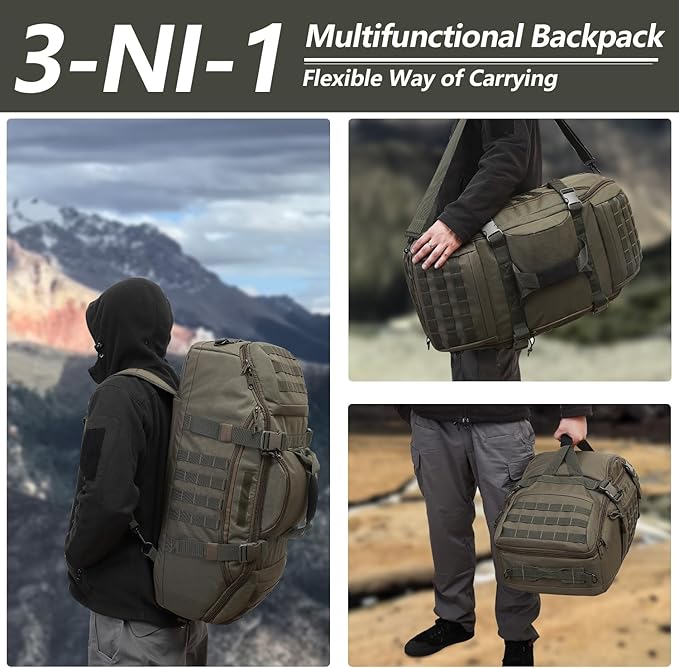 65L Large Duffle Bag, 3-in-1 Tactical Backpack MOLLE Pack for Sports, Gym, Outdoor, Olive Green