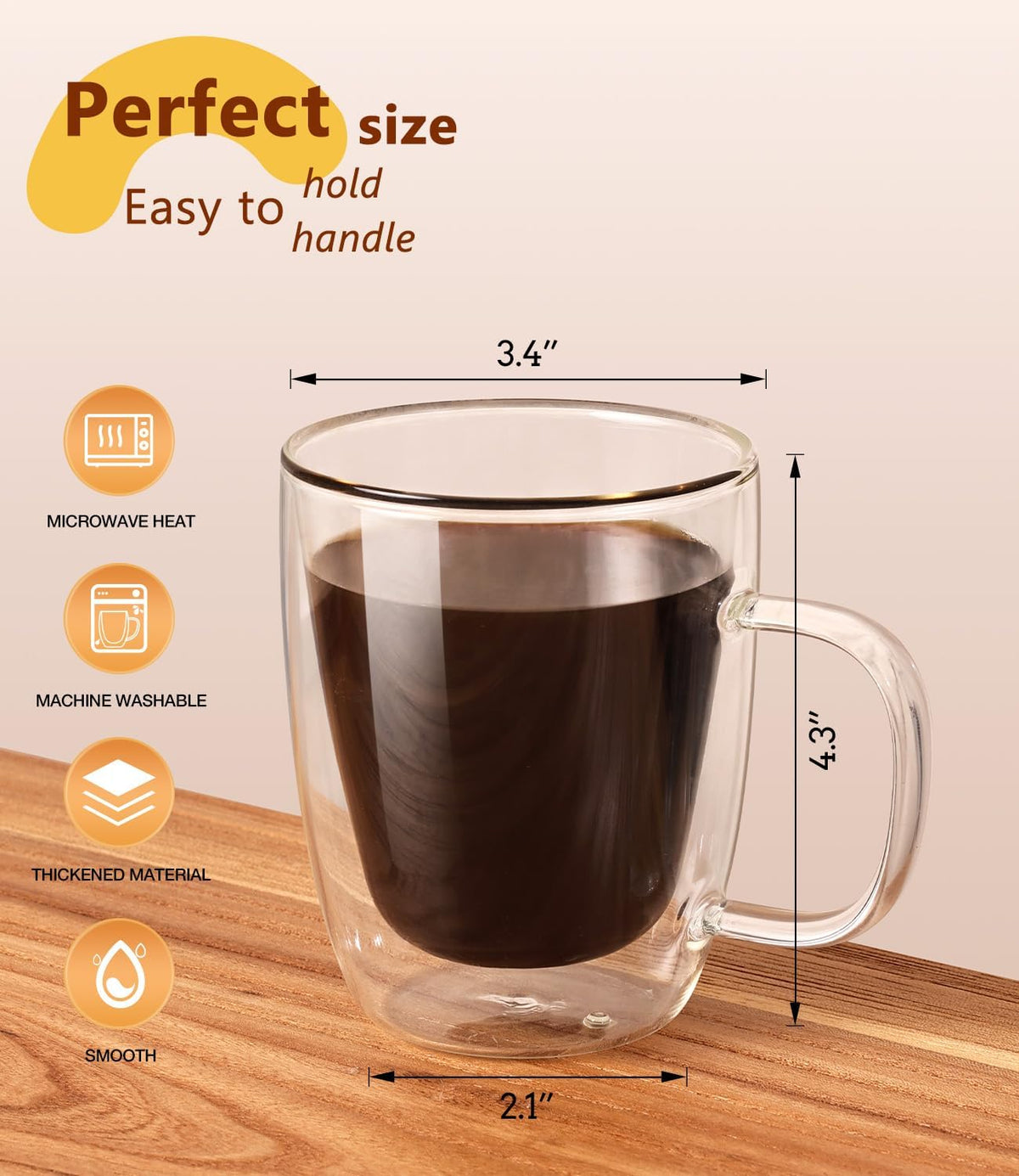 OJA Double Walled Glass Coffee Mugs 12.5oz Hand Blown Clear Coffee Cups Set of 4, Heat Resistant for Cappuccino, Tea, Latte, Espresso, Americano Insulated Borosilicate Glass with Handle