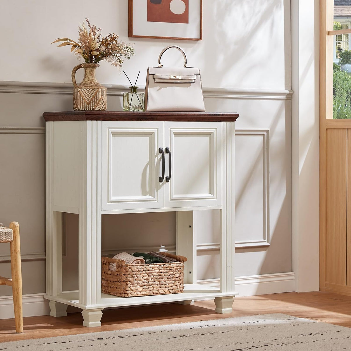 Farmhouse Coffee Bar Station with 2-Door Cabinet, Small Kitchen Cabinet with Open Lower Shelf, Entryway Table with Storage for Dining Room, Kitchen, Hallway, Living Room, White