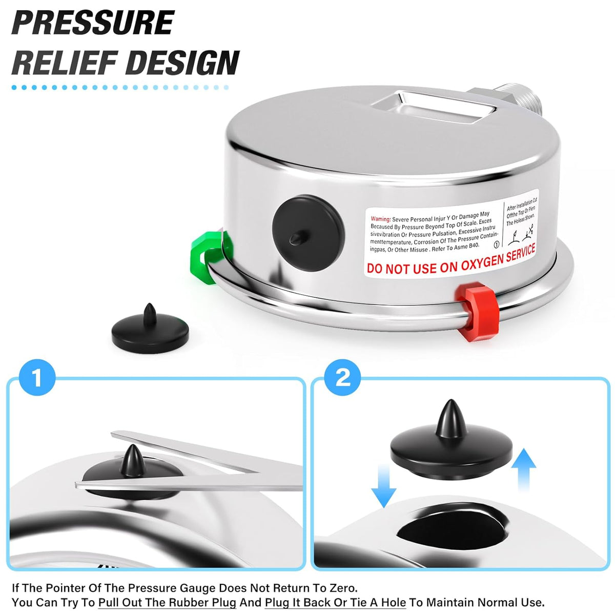 MEANLIN MEASURE -30inHG~60Psi Vacuum Pressure Gauge 316 Stainless Steel Joint 1/4" NPT 2.5" FACE DIAL, Stainless Steel Liquid Filled Pressure Gauge WOG Water Oil Air Lower Mount, 2PCS Snaps