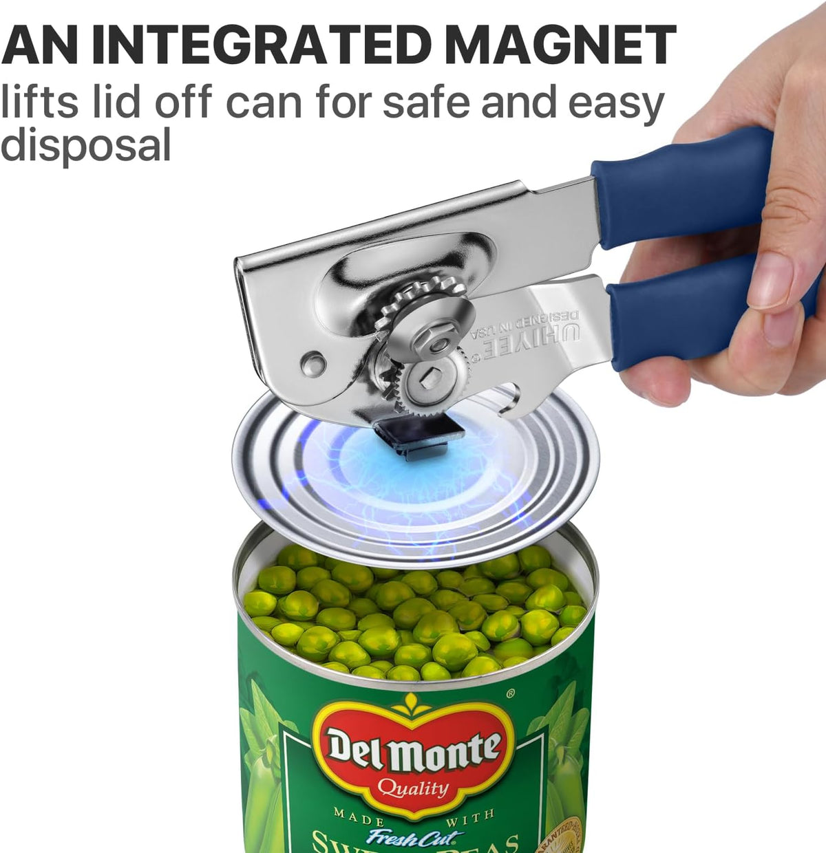 Can Opener Manual Heavy Duty, UHIYEE Hand Held Can Openers for Seniors with Comfort Grip Sharp Blade, Solid Steel Hand Manual Can Open with Magnet for Kitchen Camping, Blue
