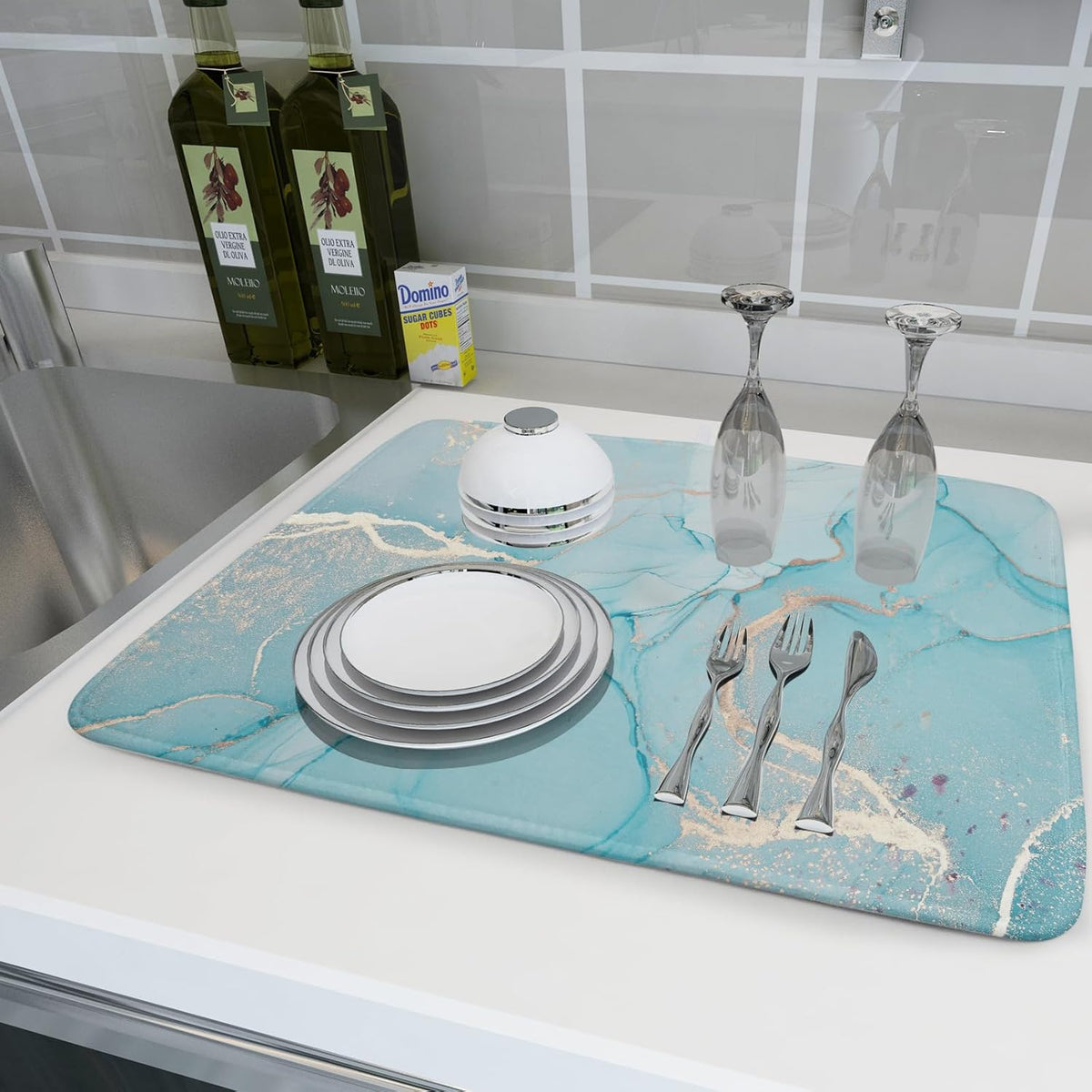 Teal Blue Marble Dish Drying Mat for Kitchen Counter Decor 18x24 Inch Absorbent Reversible Microfiber Turquoise Gold Dish Drying Pad Green Dish Drainer Rack Mats for Coffee Bar