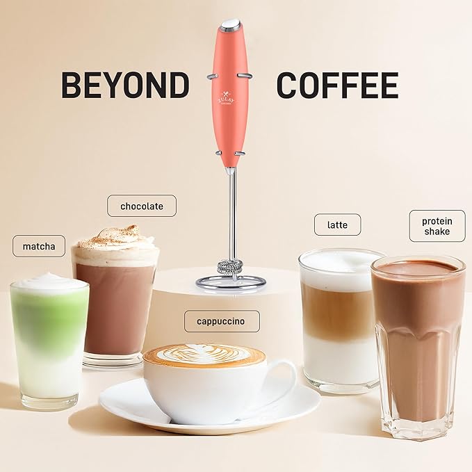 Zulay Double Whisk Milk Frother Handheld Mixer - High Powered Frother For Coffee With Improved Motor - Electric Whisk Drink Mixer For Cappuccino, Frappe, Matcha & More, Twin Whisk (Peaches N Cream)