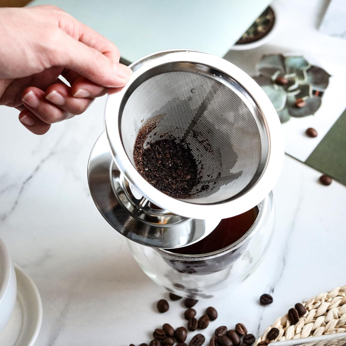 Pour Over Coffee Dripper Stainless Steel Coffee Filter Cone Coffee Filters Double Mesh Design Reusable