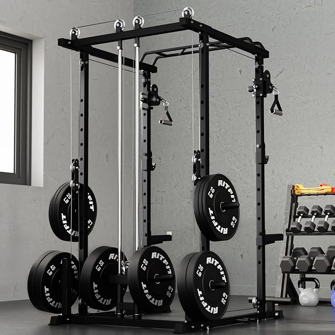 RitFit Power Cage with Optional LAT PullDown/Cable Crossover, 1000LB Squat Rack for Home & Garage Gym, with Weight Storage Rack and More Training Attachments, ASTM-Certified