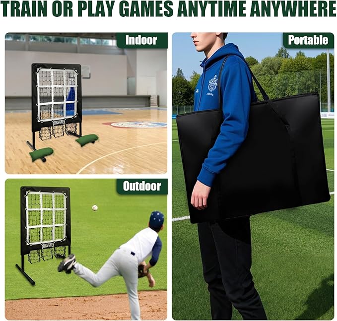 9 Hole Pitching Net, Heavy-Duty Baseball Net with Strike Zone for Pitching and Hitting, Height Adjustable Training Equipment with 9 Pocket Pitching Target for Baseball & Softball Practice