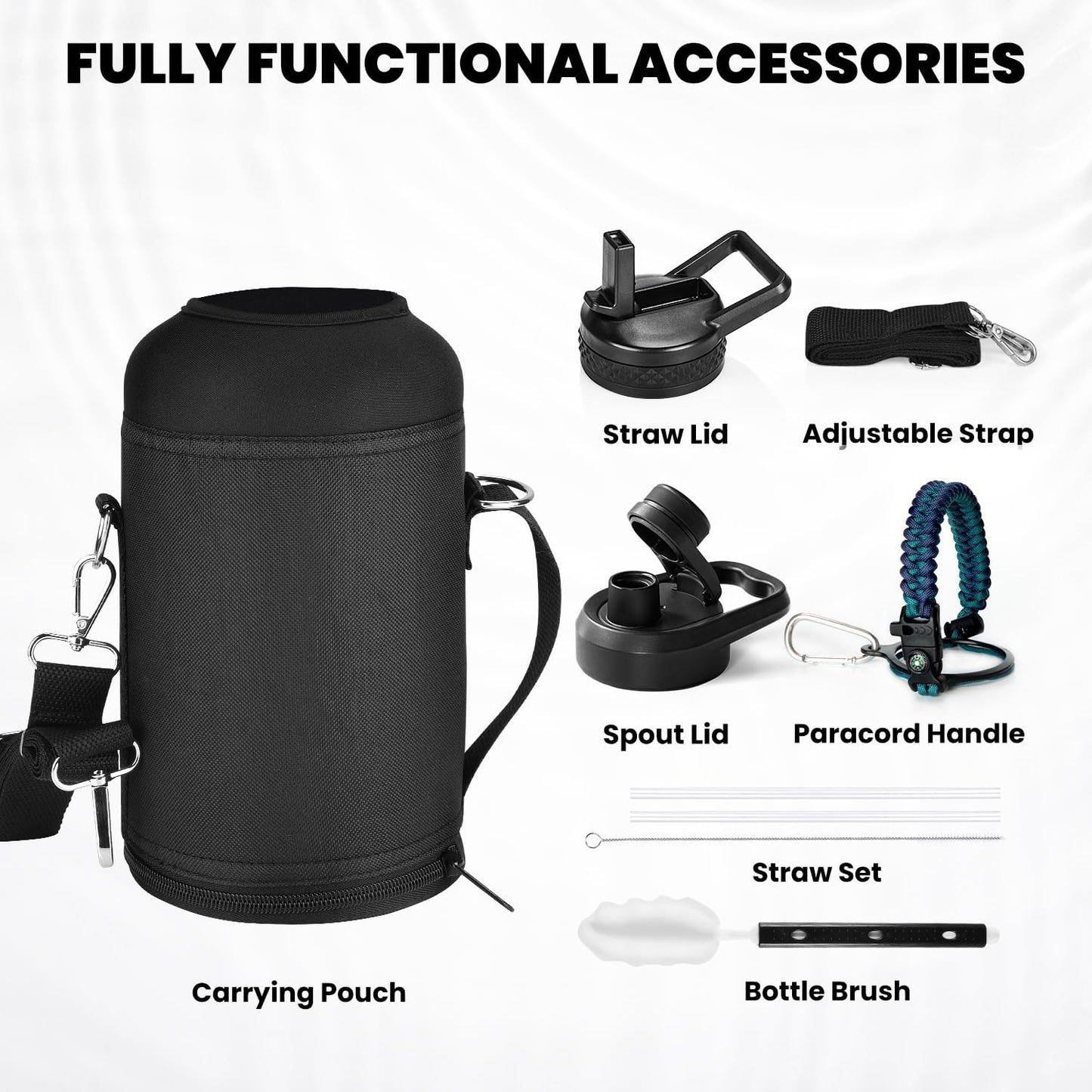 Insulated Water Bottle 64 oz, Triple Wall Vacuum Stainless Steel (Cold for 48 Hrs), Leak Proof & Non-BPA, Half Gallon Water Flask Jug with Paracord Handle & Straw Spout Lids, Cyan Blue