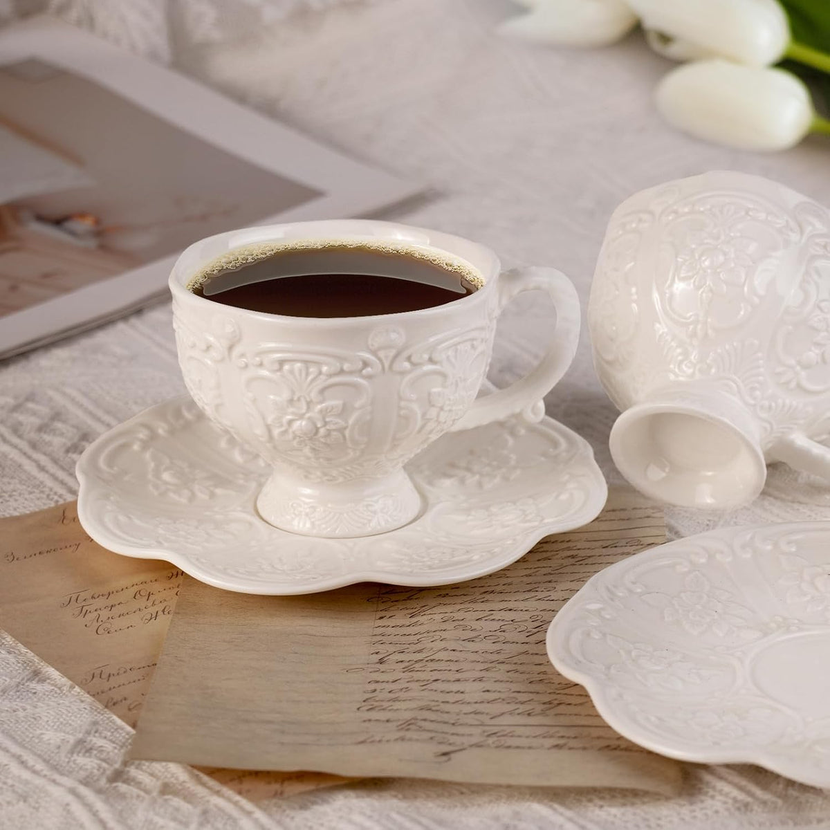 KAMMAK Tea Cups and Saucers Set of 2, Porcelain Coffee Cups, 7.8-Ounce Stackable Espresso Mugs, Ceramic Demitasse for Coffee, Latte, Americano, Tea, Britney