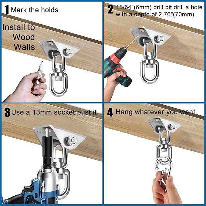2 Pack Hammock Hanging Kit, Hanging Chair Hardware 360°Rotating Hammock Hooks Heavy Duty, Hammock Chair Hanging Kit & Swing Ceiling Hook Snap for Hammock Chair,Heavy Bag,Seat,Yoga,Gym,1200 lb Capacity